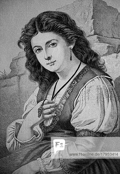 Porträt einer Frau mit langen dunklen Haaren und einer Halskette und Ohrringe  nach einem Gemälde von U. Ewald  Historisch  digital restaurierte Reproduktion einer Originalvorlage aus dem 19. Jahrhundert  genaues Originaldatum nicht bekannt