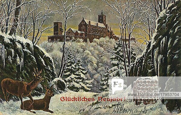 Wartburg  Eisenach  Glückliches Neujahr  Thüringen  Deutschland  Ansicht um ca 1910  digitale Reproduktion einer historischen Postkarte  aus der damaligen Zeit  genaues Datum unbekannt  Europa
