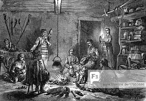 Szene in einem Bauernhaus in Dalmatien  in der Küche ein offenes Feuer um das die Männer sitzen und dabei musizieren und rauchen  Historisch  digital restaurierte Reproduktion einer Originalvorlage aus dem 19. Jahrhundert  genaues Originaldatum nicht bekannt