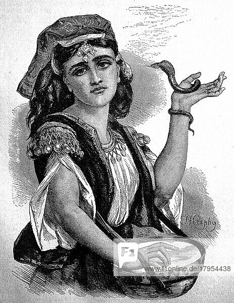 Schlangenbändigerin in Zypern  junge Frau mit einer kleinen Schlange und einer Trommel bei einer Vorführung  Historisch  digital restaurierte Reproduktion einer Originalvorlage aus dem 19. Jahrhundert  genaues Originaldatum nicht bekannt