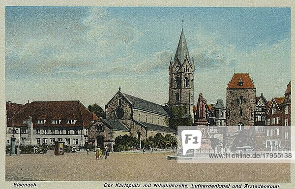 Nicolaikirche  Lutherdenkmal und Ärztedenkmal in Eisenach  Thüringen  Deutschland  Ansicht um ca 1910  digitale Reproduktion einer historischen Postkarte  public domain  aus der damaligen Zeit  genaues Datum unbekannt  Europa