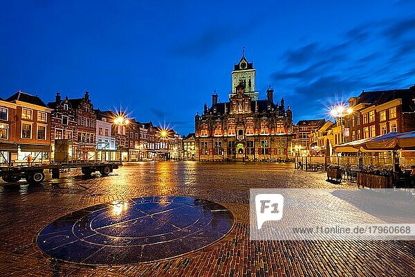 Delft City Hall and Delft Market Square Markt in the evening. Delft  Netherlands