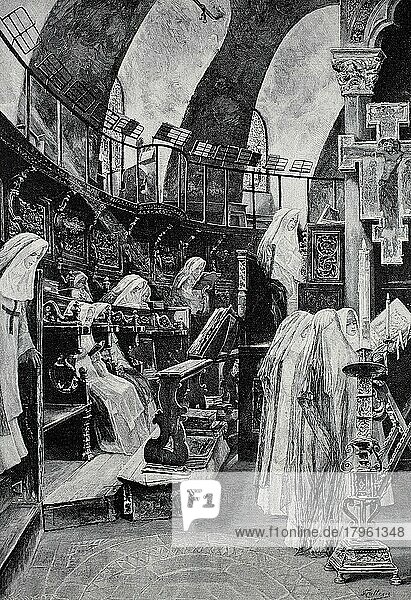 Nonnen im Chorraum der Franziskanerkirche zu Assisi  Italien (1898)  Historisch  digitale Reproduktion einer Originalvorlage aus dem 19. Jahrhundert  Originaldatum nicht bekannt