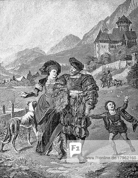 Schlossherr und Gattin und Sohn beim friedlichen Sonntagsspaziergang  1881  Südtirol  Italien  Historisch  digitale Reproduktion einer Originalvorlage aus dem 19. Jahrhundert  Europa
