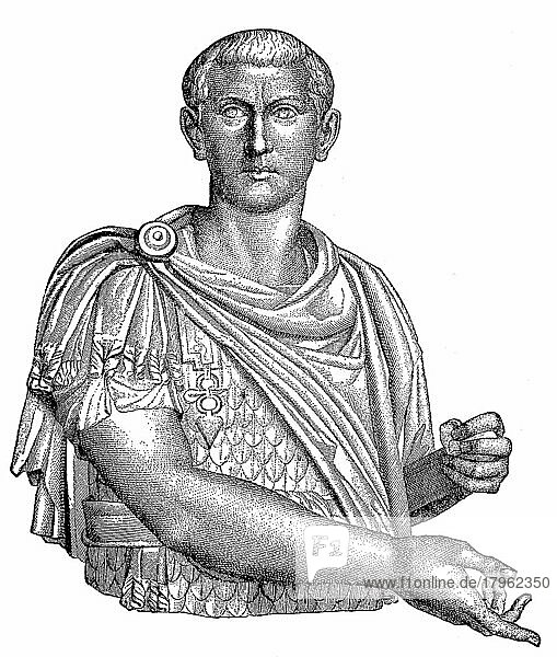 Die Marmorbüste von Marcus Antonius Gordianus  20. Januar 225  244  bekannt als Gordian III. war von 238 bis 244 römischer Kaiser  siehe im Louvre von Paris  Frankreich  digitale verbesserte Reproduktion eines Originaldrucks aus dem 19. Jahrhundert  Europa