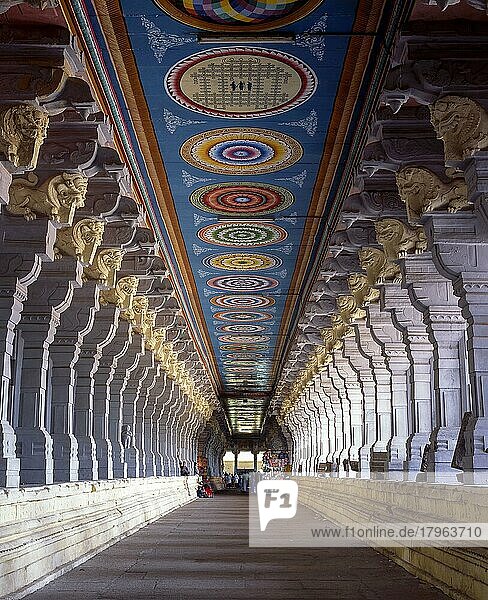 Ramanathaswamy-Tempelkorridor in Rameswaram  Rameshwaram  Tamil Nadu  Indien. Der äußere Korridor ist angeblich der längste der Welt und mißt etwa 22. 6 Fuß in der Höhe  jeweils 400 Fuß im Osten und Westen und etwa 640 Fuß im Norden und Süden