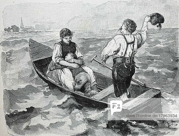 Paar mit Kind auf der Überfahrt mit einem Lastkahn über dem See  Österreich  Historisch  digital restaurierte Reproduktion einer Originalvorlage aus dem 19. Jahrhundert  Europa
