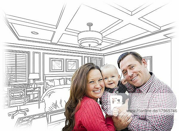 Glückliche junge Familie mit Baby über benutzerdefinierte Schlafzimmer Zeichnung