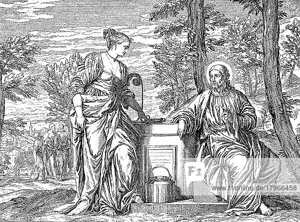 Jesus und die Samariterin  Religion  Christentum  Historisch  digital restaurierte Reproduktion einer Originalvorlage aus dem 19. Jahrhundert