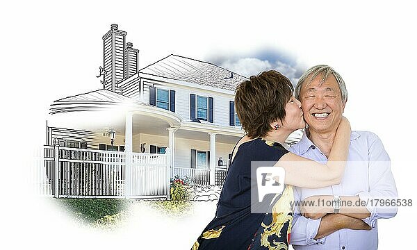 Glückliches chinesisches älteres Paar  das sich vor einem Haus küsst  Zeichnung auf Weiß