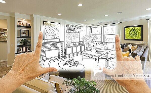 Weibliche Hände umrahmen benutzerdefinierte Wohnzimmer Zeichnung Foto Kombination