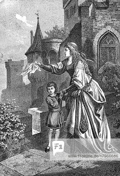 Der letzte Gruß  Frau winkt mit dem Taschentuch dem gehenden Mann nach  1881  Historisch  digitale Reproduktion einer Originalvorlage aus dem 19. Jahrhundert