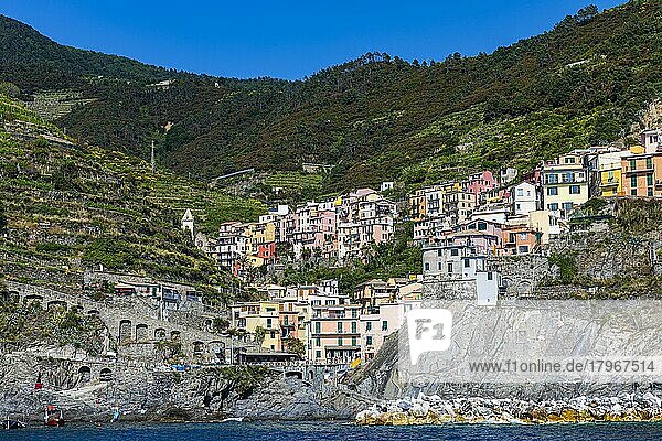 Die Ortschaft Manarola mit seinen verschachtelten und in den Hang gebauten pastellfarbenen Häusern  Aussicht vom Meer  Manarola  Cinque Terre  Ligurische Küste  Ligurien  Italien  Europa