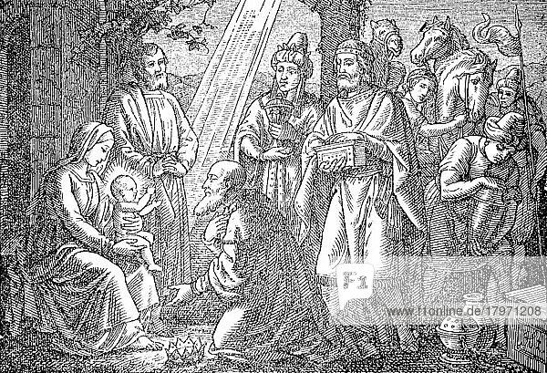 Die Anbetung der heiligen drei Könige  biblische Szene  Historisch  digitale Reproduktion einer Originalvorlage aus dem 19. Jahrhundert