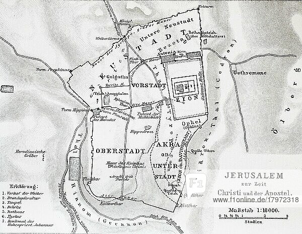 Karte von Jerusalem zur Zeit Jesus Christus  Historisch  digital restaurierte Reproduktion einer Originalvorlage aus dem 19. Jahrhundert