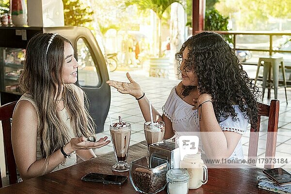 Zwei süße Mädchen unterhalten sich in einem Café  zwei Freundinnen diskutieren in einem Café über Ideen