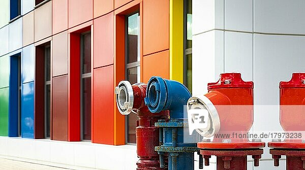 Farbige Hydranten mit farbigem Gebäude im Hintergrund  Hydranten und mehrfarbiges Gebäude  Nahaufnahme von drei farbigen Hydranten