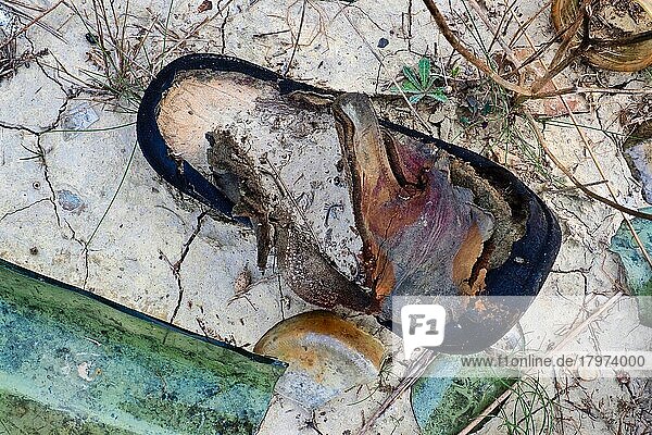 Fragment von Sandale  maroder Herrenschuh am Boden  verrotteter Schuh  Schuhwrack  vergammelter Treter  ausgelatschter Schuh  abgetragener Schuh