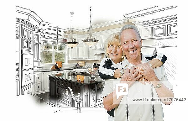 Glücklich umarmt Senior Paar über Küche Design Zeichnung und Foto Kombination auf weiß