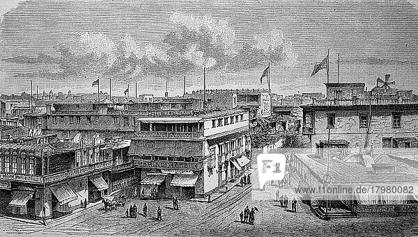 Hafenstraße in Callao  El Callao  Hafenstadt im südamerikanischen Andenstaat Peru  im Jahre 1870  Historisch  digitale Reproduktion einer Originalvorlage aus dem 19. Jahrhundert