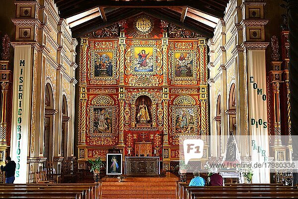 Colourful altar of the mission church Catedral Inmaculada  Jesuit Reduction of the Chiquitos  Unesco World Heritage Site  Concepción  Department of Santa Cruz  Bolivia  South America