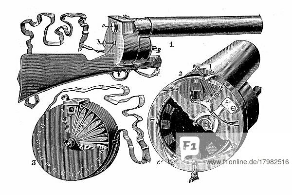 Das chronophotographische gewehr  das photographische gewehr  wurde 1883 vom französischen physiologen étienne-jules marey erfunden und ermöglichte das sehen und fotografieren von im raum bewegten gegenständen  Historisch  digital restaurierte Reproduktion einer Originalvorlage aus dem 19. Jahrhundert