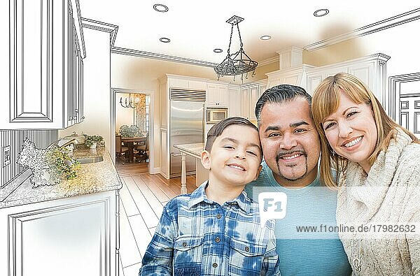 Junge gemischtrassige Familie über der Küche Zeichnung mit Fotokombination