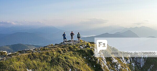 Three hikers at the summit  hiking to the Benediktenwand  mountains and landscape  Bavarian Alpine foothills  Benediktbeuern  Bavaria  Germany  Europe