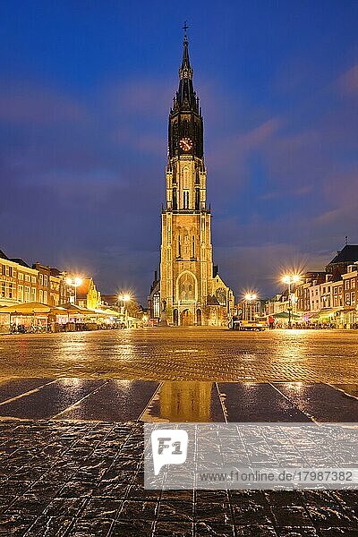 Nieuwe Kerk New Church protestant church on Delft Market Square Markt in the evening. Delft  Netherlands