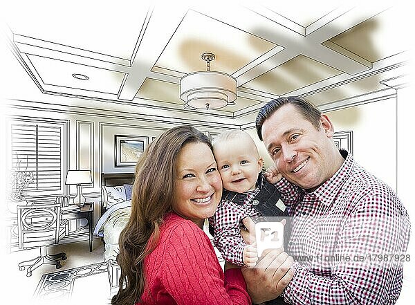 Glückliche junge Familie mit Baby über benutzerdefinierte Schlafzimmer Zeichnung und Foto Kombination