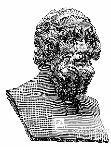 Homer gilt als Verfasser der Ilias und der Odyssee und damit als frühester Dichter des Abendlandes  Büste im Kapitolinischen Museum in Rom  Italien  digital verbesserte Reproduktion eines Originaldrucks aus dem 19. Jahrhundert  Europa