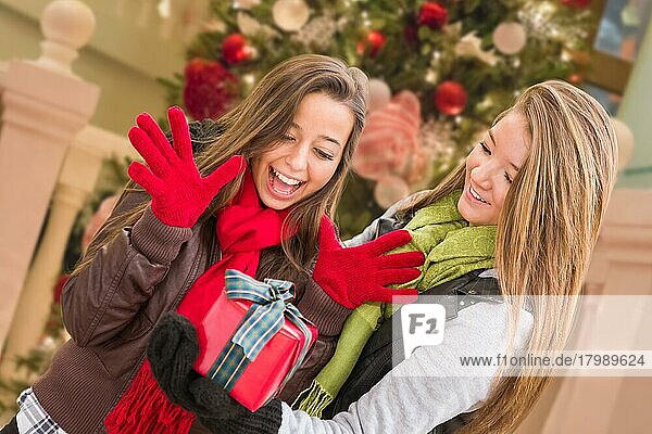 Gemischtrassige junge erwachsene Frauen tauschen vor einem geschmückten Baum ein Weihnachtsgeschenk aus