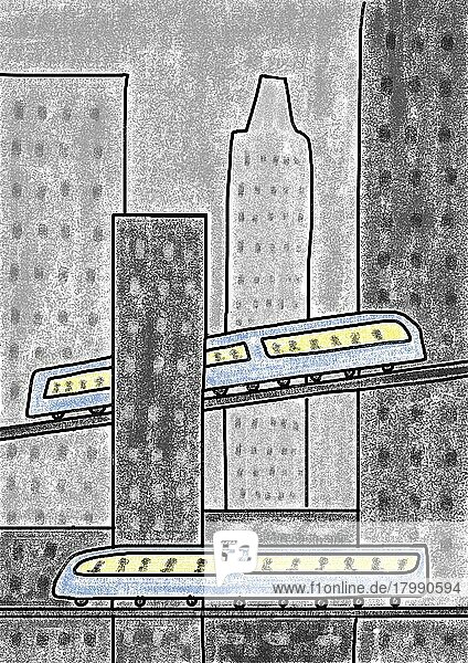Naive Illustration  Kinderzeichnung  Stadtansicht mit Wolkenkratzer und Eisenbahnwaggons einer U-Bahn  Österreich  Europa