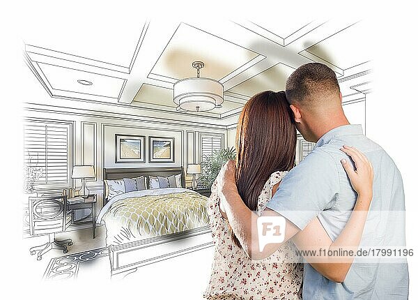 Neugieriges junges militärisches Paar  das sich die Zeichnung für ein individuelles Schlafzimmer anschaut Foto-Kombination