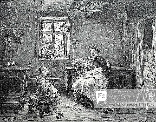 Grandmother Teaching Granddaughter to Sew,  1878,  Germany,  Historic,  digitally restored reproduction of an original 19th century pattern,  Europe