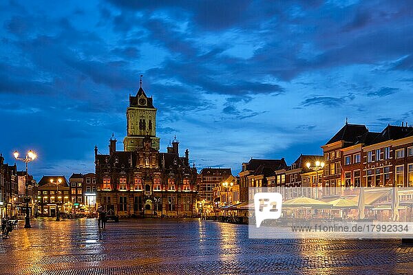 Delft City Hall and Delft Market Square Markt in the evening. Delfth  Netherlands