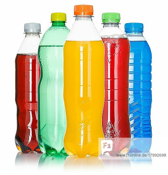 Bottles with colourful drinks  in a row  free-standing