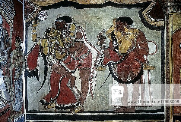 200 years old murals on the walls of the Ramalinga Vilasam Palace, Ramnad Palace in Ramanathapuram, Tamil Nadu, India, Asia