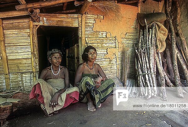 Muduga Stammesfrauen sitzen vor ihrer Hütte  Silent Valley  Kerala  Indien  Asien