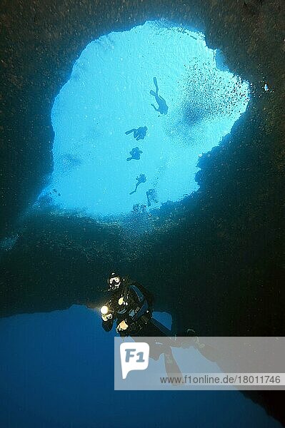 Diver under Azur Window  Gozo  Malta  Europe  Mediterranean Sea  Europe