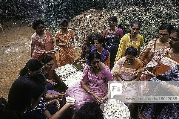 Kodava-Frauen bei der Herstellung des Reisballs Kadamputtu während des Huthri-Festes  Kodagu  Karnataka  Indien  Asien