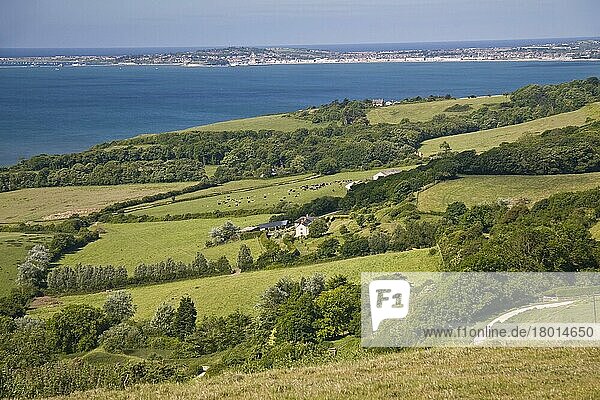 Blick auf Ackerland an der Küste  mit landwirtschaftlichen Gebäuden  Weideland und Bäumen  Weymouth in der Ferne  Dorset  England  Frühling