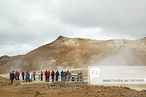 Geothermal activity with tourists on viewing platform  Namafjall  Myvatn  Iceland  Europe