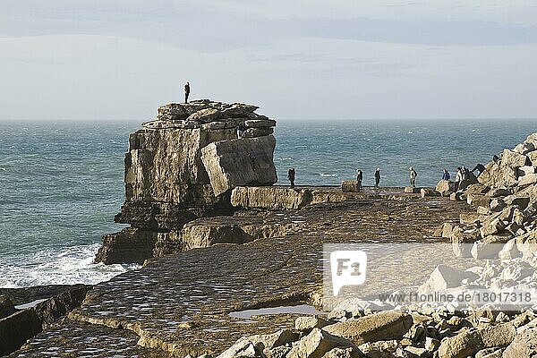 People climbing on large rock at coastal headland  Pulpit Rock  Portland Bill  Isle of Portland  Dorset  England  United Kingdom  Europe