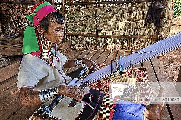 Kayan Lahwi woman with brass neck coils and traditional clothing spinning cotton in her shop. She has displayed behind her the hand woven fabric she sells to tourists  Pan Pet Region  Kayah State  Myanmar  Asia