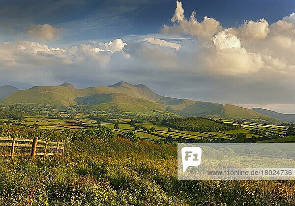 Blick auf Ackerland und Hügel am Abend  Brecon Beacons N. P. Powys  Wales  Juni