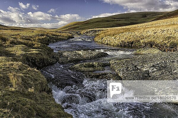 Blick auf den Fluss  der durch den Lebensraum Moor fließt  Fluss Elan  Elan Valley  Rhayader  Powys  Mittelwales  Februar