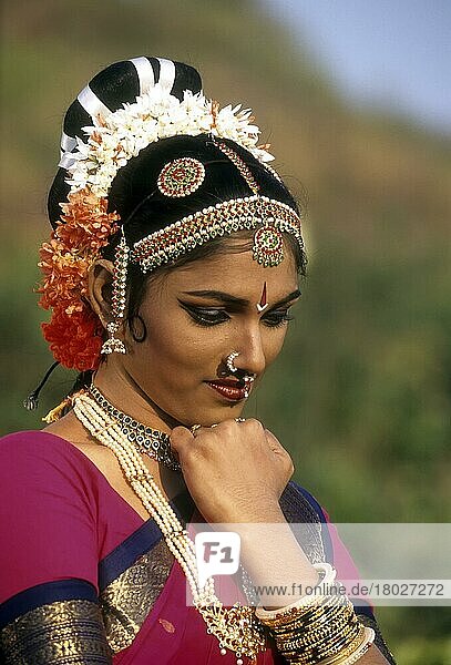 Kuchipudi  woman performing classical dance  Andhra Pradesh  India  Asia