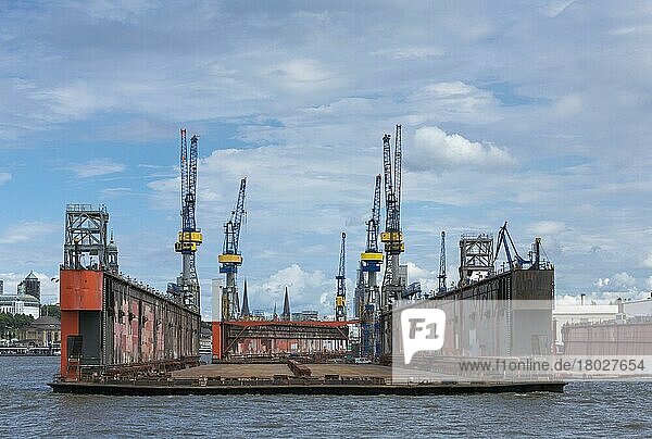 Leeres Trockendock  Elbe  Werft Blohm und Voß  Kran  Kräne  Werftkräne  Hamburg  Deutschland  Europa