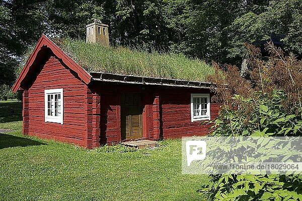 Rotes Blockhaus mit Grasdach  Sodermanland  Schweden  August  Europa